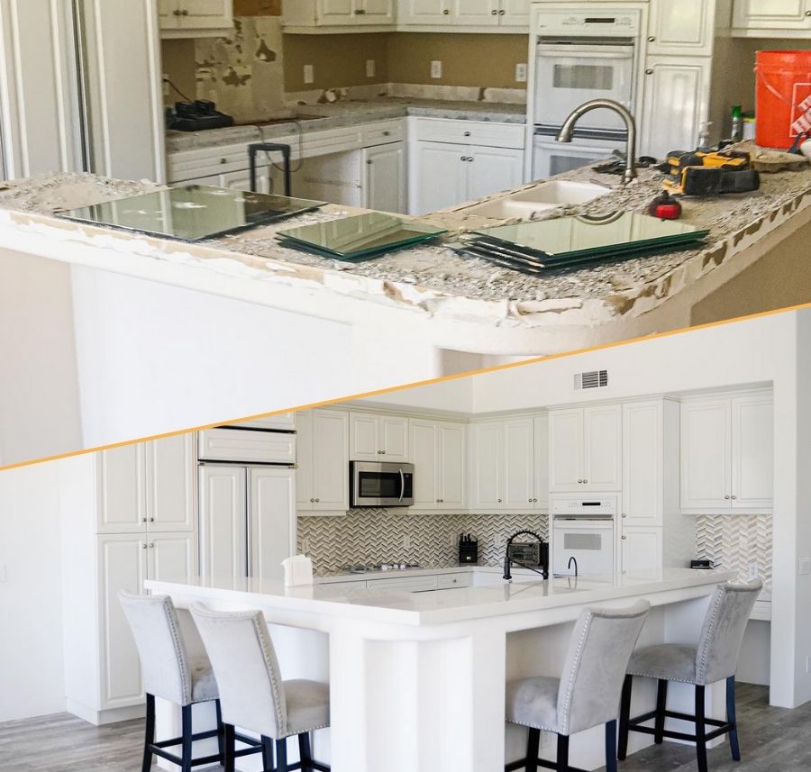 A before and after image comparing a kitchen before being remodeled and after being remodeled by Squared Construction.